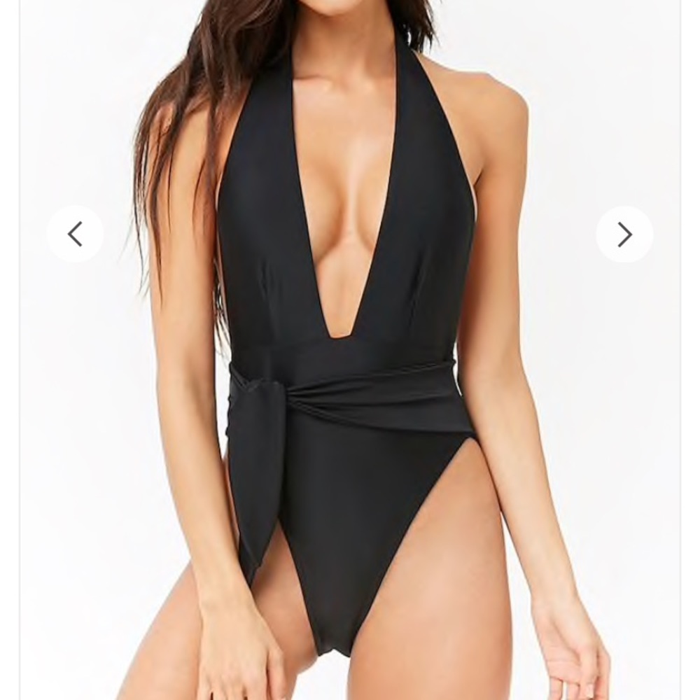 Plunging Belted one piece bathing suit